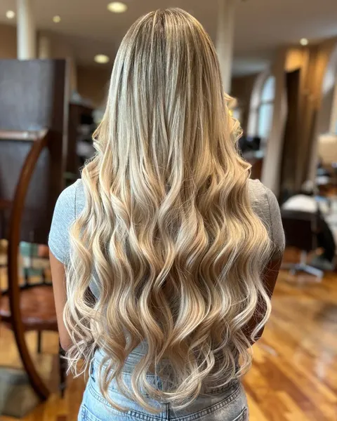 Sehr lange Wellen mit Blond-Balayage, dunklerem Ansatz und hellen Längen, von hinten im Salon